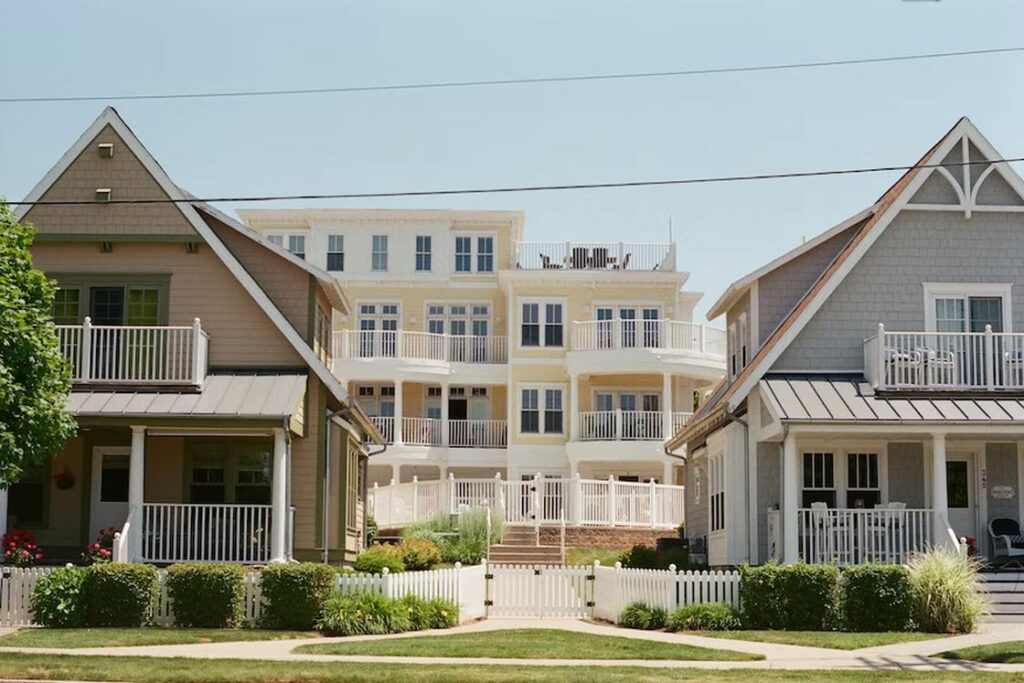 Exterior shot of two houses with similar looking design