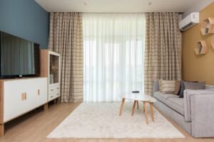 Living room with a gray couch and wooden coffee table and a white rug
