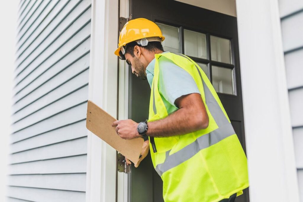 Man wearing yellow vest and protective hat while checking the door hinges of a house