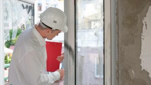 a person investigating home damage in front of a door with broken glass.